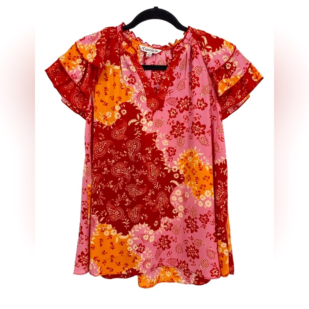 NWT Nanette Lepore Ruffle Short Sleeve Red Pink Floral Paisley Print Spring Summ